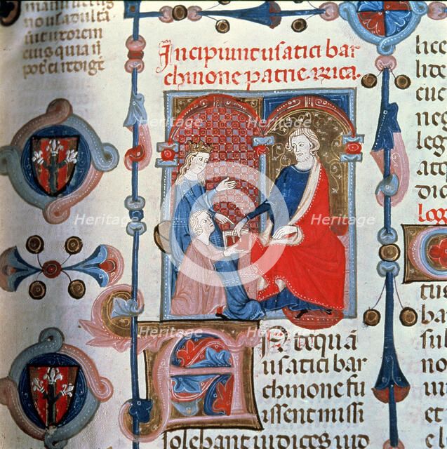  'The Collector (Pere Albert) featuring the codex to the prince', Miniature in the 'Usatges de Ba…