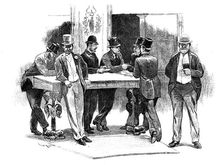 The Colliery Strike and the London Coal Exchange: doing business at the desks, 1890. Creator: Unknown