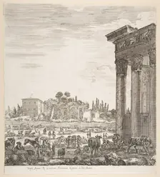 The columns of the Temple of Antoninus to right, a part of the Campo Vaccino in center and..., 1656. Creator: Stefano della Bella