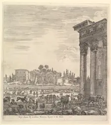 The columns of the Temple of Antoninus to right, a part of the Campo Vaccino in center and..., 1656. Creator: Stefano della Bella
