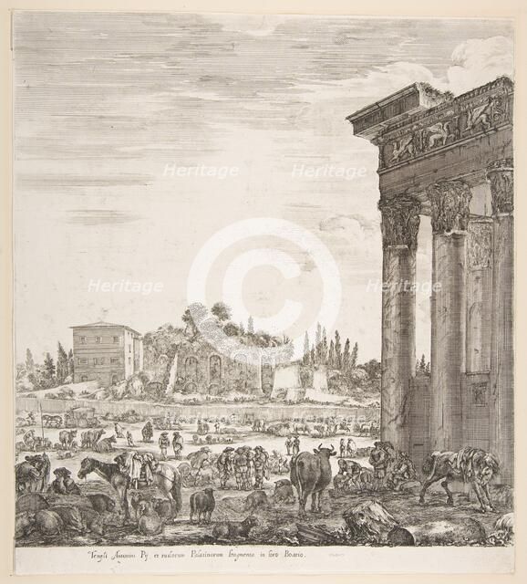 The columns of the Temple of Antoninus to right, a part of the Campo Vaccino in center and..., 1656. Creator: Stefano della Bella.
