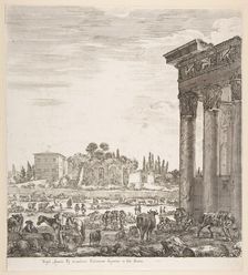 The columns of the Temple of Antoninus to right, a part of the Campo Vaccino in center and..., 1656. Creator: Stefano della Bella