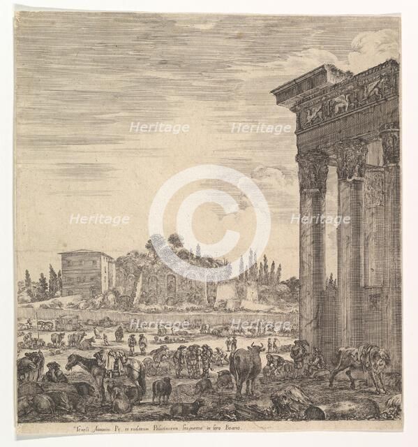The columns of the Temple of Antoninus to right, a part of the Campo Vaccino in center and..., 1656. Creator: Stefano della Bella.