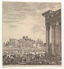The columns of the Temple of Antoninus to right, a part of the Campo Vaccino in center and..., 1656. Creator: Stefano della Bella