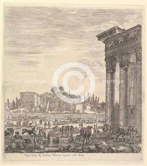 The columns of the Temple of Antoninus to right, a part of the Campo Vaccino in center and..., 1656. Creator: Stefano della Bella.