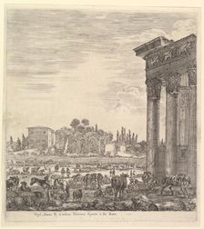 The columns of the Temple of Antoninus to right, a part of the Campo Vaccino in center and..., 1656. Creator: Stefano della Bella