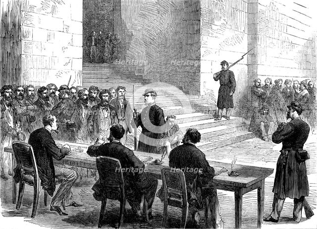 The Communist Trials at Versailles: interrogating the prisoners in the Orangery, 1871. Creator: Unknown.