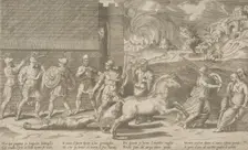 The combat of Hector and Achilles, and Achilles dragging the body of Hector around the ..., 1531-76. Creator: Giulio Bonasone