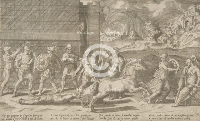 The combat of Hector and Achilles, and Achilles dragging the body of Hector around the ..., 1531-76. Creator: Giulio Bonasone.