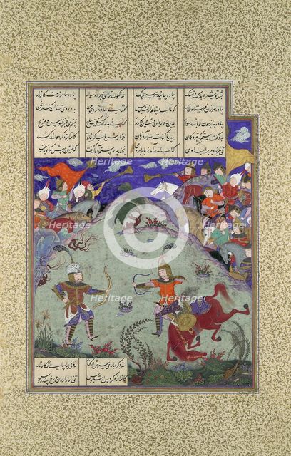 The Combat of Rustam and Ashkabus, Folio 268v from the Shahnama (Book of..., ca. 1525-30. Creator: Mirza Muhammad Qabahat.