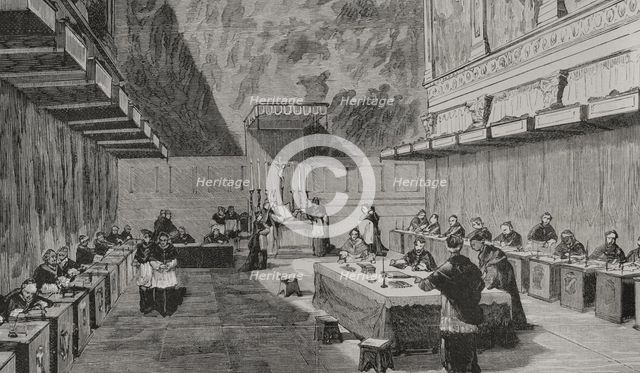 The conclave for the election of Pope Leo XIII, Rome, 1878.  Creator: Unknown.