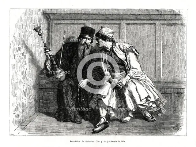 'The Confession', Mount Athos, northern Greece, 1886. Artist: Unknown