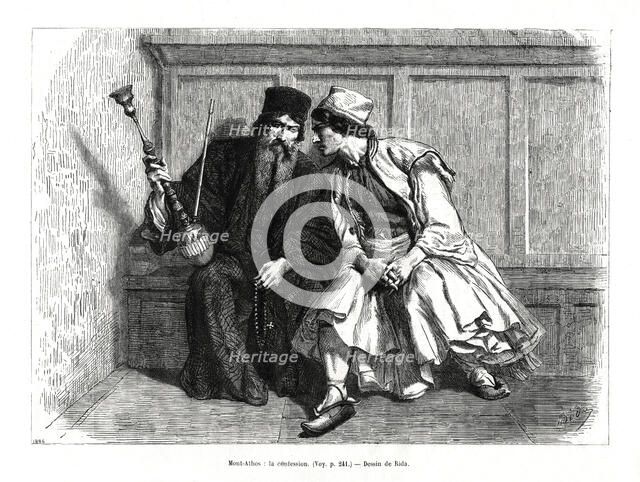 'The Confession', Mount Athos, northern Greece, 1886. Artist: Unknown