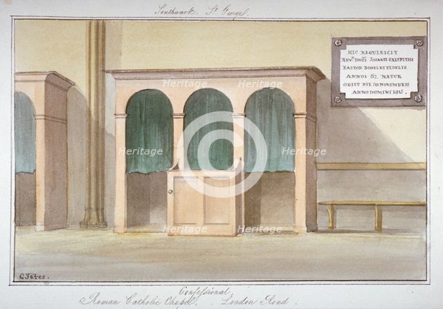 The confessional in the Roman Catholic Chapel on London Road, Southwark, London, 1825. Artist: G Yates