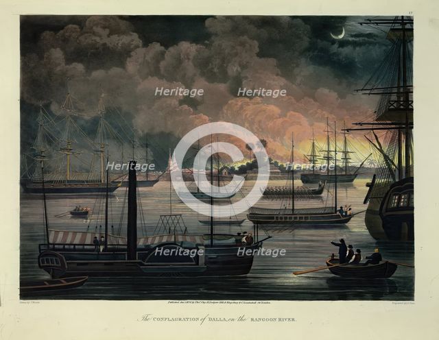 'The Conflagration of Dalla, on the Rangoon River', 1825.  Creator: George Hunt.