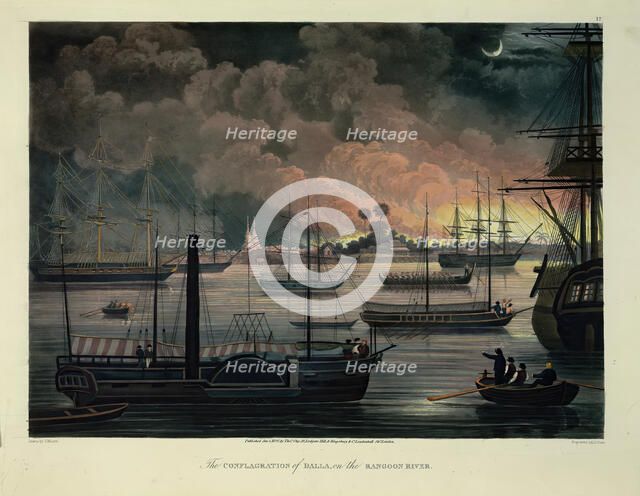 'The Conflagration of Dalla, on the Rangoon River', 1825.  Creator: George Hunt.