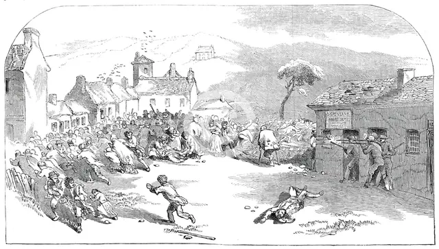 The conflict at Ballinhassig - sketched by Mr. Mahony, Cork, 1845. Creator: Smyth.