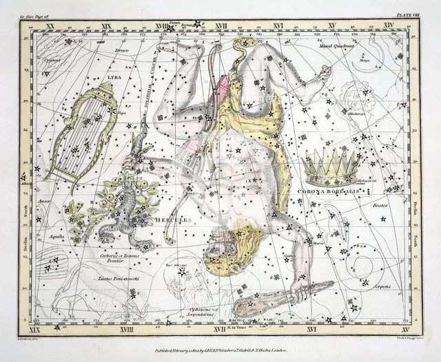 The Constellations (Plate VIII) Coronoa Borealis, Hercules and Cerberus, Lyra, 1822.