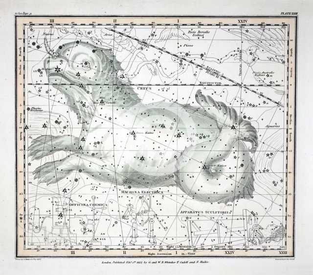 The Constellations (Plate XXIII) Cetus, Officina Sculptoris, Machina Electrica, Fornax Chemica, 1822