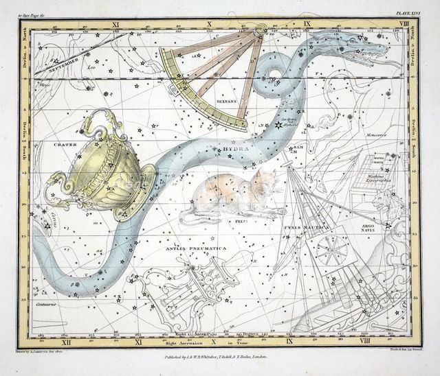 The Constellations (Plate XXVI) Hydra, Sextan's Uraniae, Le Chat, La Machine Pneumatique, 1822.