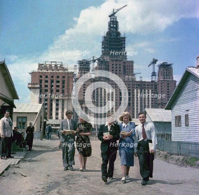 The construction of the main building of Moscow State University on Lenin Hills Artist: Anonymous  