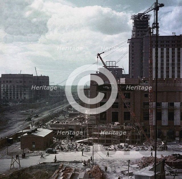 The construction of the main building of Moscow State University on Lenin Hills Artist: Anonymous  