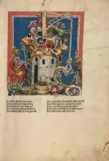The Construction of the Tower of Babel; Weltchronik, about 1400-1410. Creator: Unknown