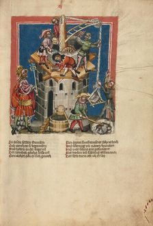 The Construction of the Tower of Babel; Weltchronik, about 1400-1410. Creator: Unknown