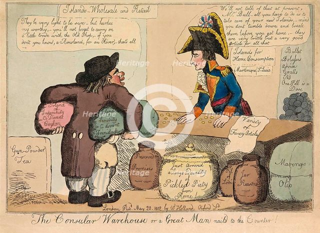 The Consular Warehouse or a Great Man nail'd to the Counter, pub. 1802 (hand coloured engraving). Creator: English School (19th Century).