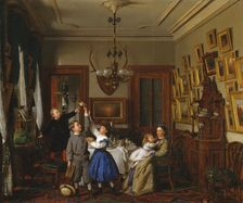 The Contest for the Bouquet: The Family of Robert Gordon in Their New York Dining-Room, 1866. Creator: Seymour Joseph Guy