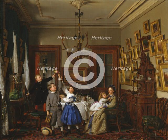 The Contest for the Bouquet: The Family of Robert Gordon in Their New York Dining-Room, 1866. Creator: Seymour Joseph Guy.