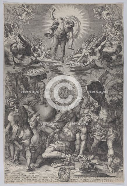 The conversion of Saul, who lies on the ground surrounded by horses and soldiers as Christ..., 1583. Creators: Pieter Perret, Mateo Pérez de Alesio.