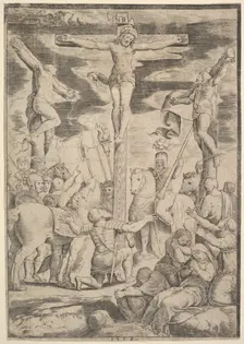 The conversion of the Centurion who flings his arms open before Christ on the cross, 1532. Creator: Master of the Die