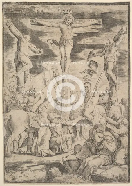 The conversion of the Centurion who flings his arms open before Christ on the cross, 1532. Creator: Master of the Die.