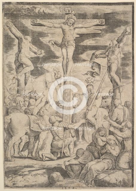 The conversion of the Centurion who flings his arms open before Christ on the cross, 1532. Creator: Master of the Die.