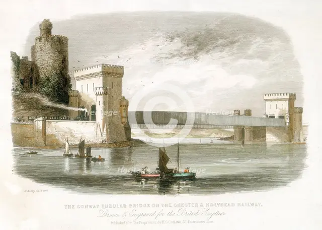 'The Conwy Tubular Bridge on the Chester & Holyhead Railway', North Wales, 1852. Artist: Alfred Ashley