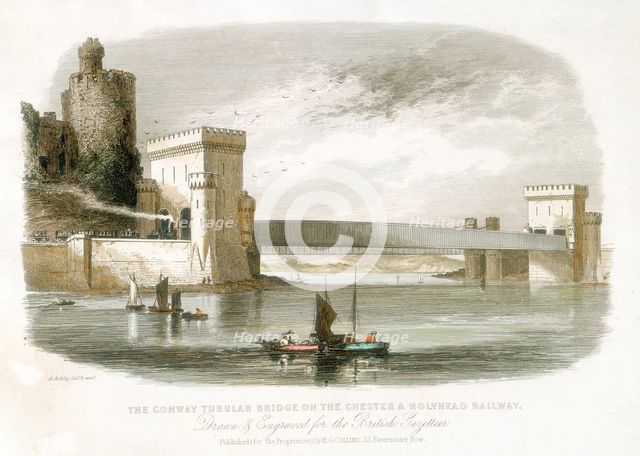'The Conwy Tubular Bridge on the Chester & Holyhead Railway', North Wales, 1852. Artist: Alfred Ashley