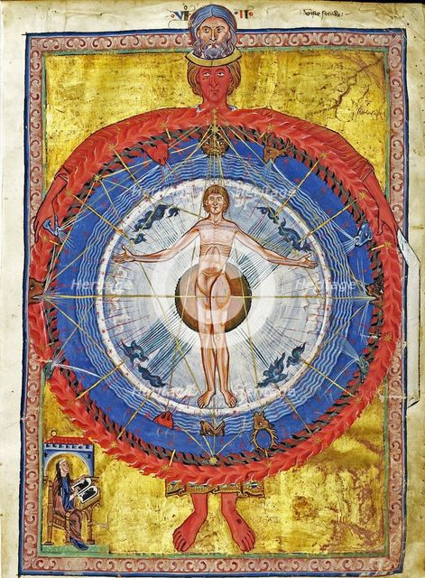 The Cosmic Spheres and Human Being. (Vision from Liber Divinorum Operum), ca 1220-1230.