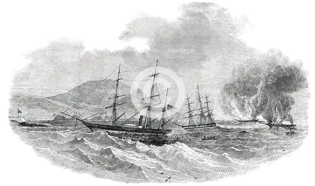 The "Cormorant" at Anchor, Destroying the Slave-Brigs "Serea" and "Donna Anna", 1850. Creator: Unknown.