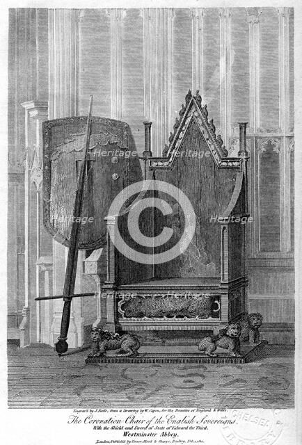 The coronation chair of the English sovereigns, Westminster Abbey, London, 1810.Artist: John Roffe