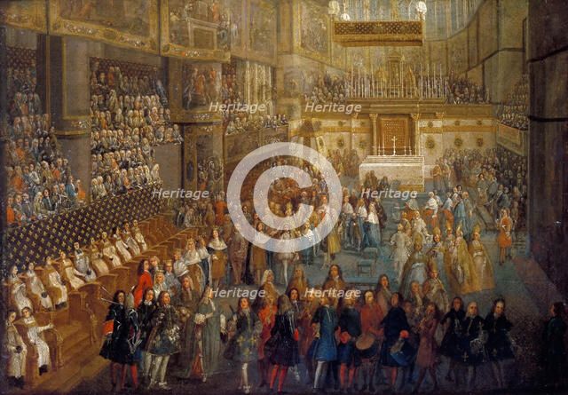 The coronation of Louis XV in the Rheims Cathedral, 25 October 1722. Artist: Martin, Pierre-Denis II (1663-1742)