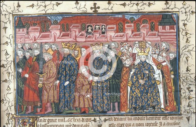 The coronation of Philippe II Auguste in the presence of Henry II of England (From the Chroniques de France ou de St Denis), after 1380. Artist: Anonymous  