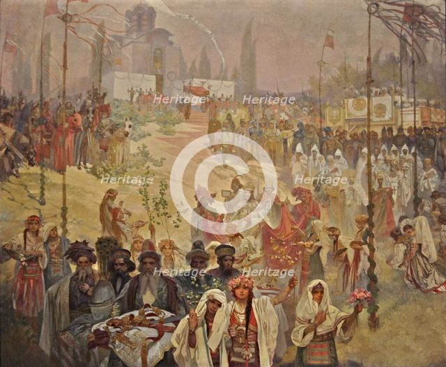 The Coronation of the Serbian Tsar Stefan Dusan as East Roman Emperor (The cycle The Slav Epic). Artist: Mucha, Alfons Marie (1860-1939)