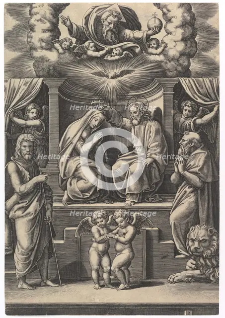 The Coronation of the Virgin, at lower left stands St John the Baptist, at lower right ..., 1530-60. Creator: Master of the Die.