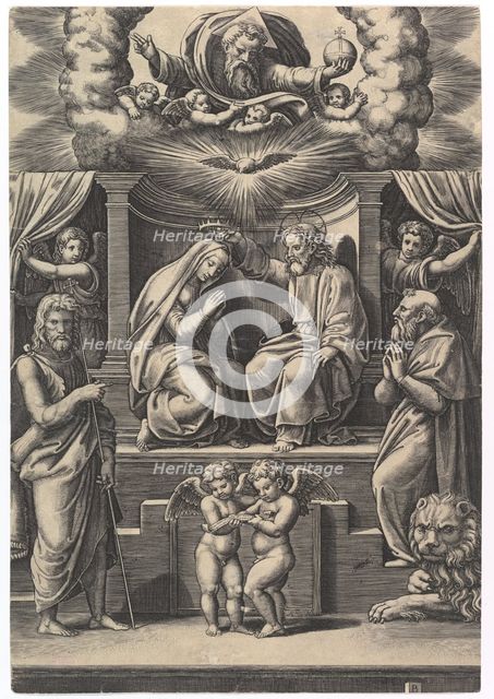 The Coronation of the Virgin, at lower left stands St John the Baptist, at lower right ..., 1530-60. Creator: Master of the Die.