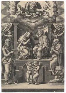 The Coronation of the Virgin, at lower left stands St John the Baptist, at lower right ..., 1530-60. Creator: Master of the Die