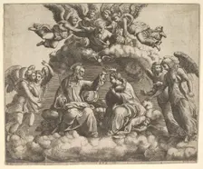 The coronation of the Virgin, Christ holding the crown over her head, God the Father bless..., 1532. Creator: Master of the Die