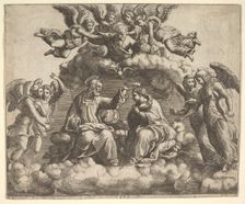 The coronation of the Virgin, Christ holding the crown over her head, God the Father bless..., 1532. Creator: Master of the Die