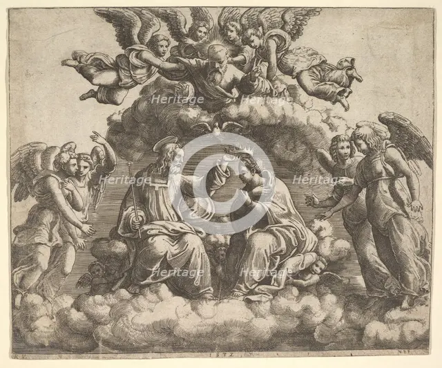The coronation of the Virgin, Christ holding the crown over her head, God the Father bless..., 1532. Creator: Master of the Die.