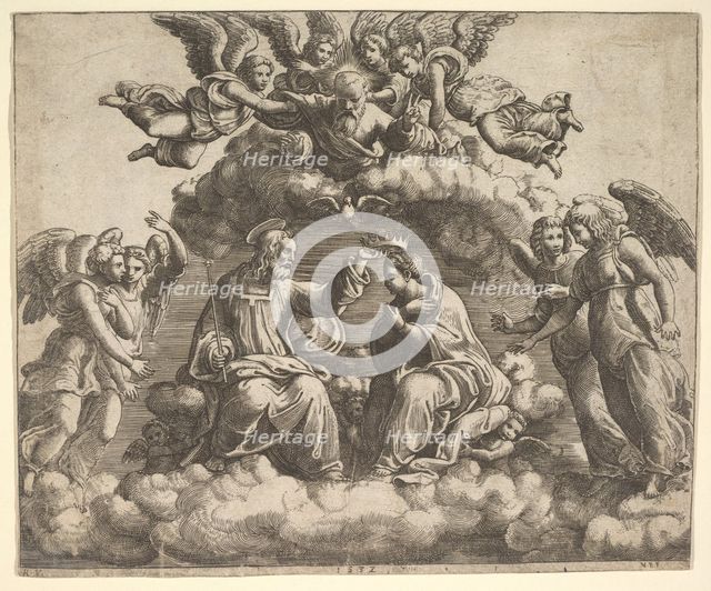 The coronation of the Virgin, Christ holding the crown over her head, God the Father bless..., 1532. Creator: Master of the Die.